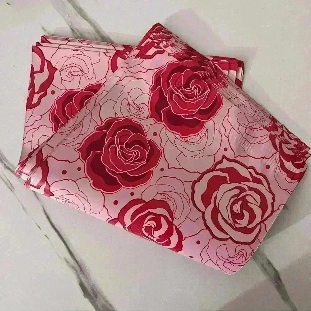 10 6x9 self adhesive poly mailers red and pink florals throughout